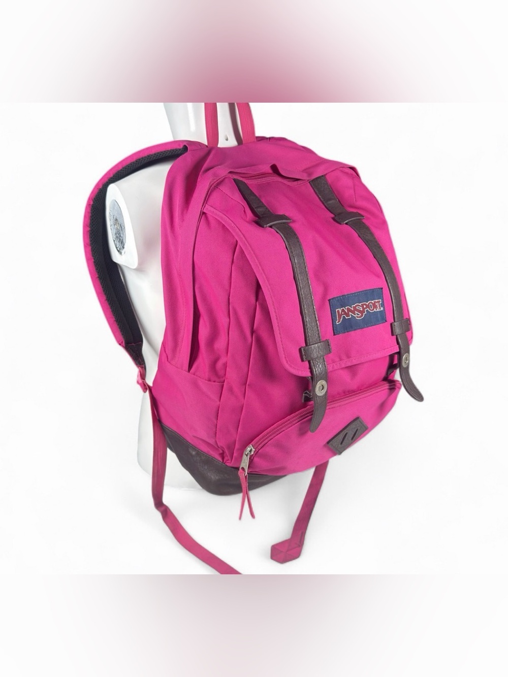 JanSport Right Pack Backpack Magenta Pink Suede Brown Leather Bottom Classic